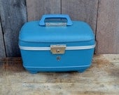 Bright Blue Train Case Vintage Overnight Bag Key Mirror U.S. Luggage Photo Prop Storage Display Travel 1960's