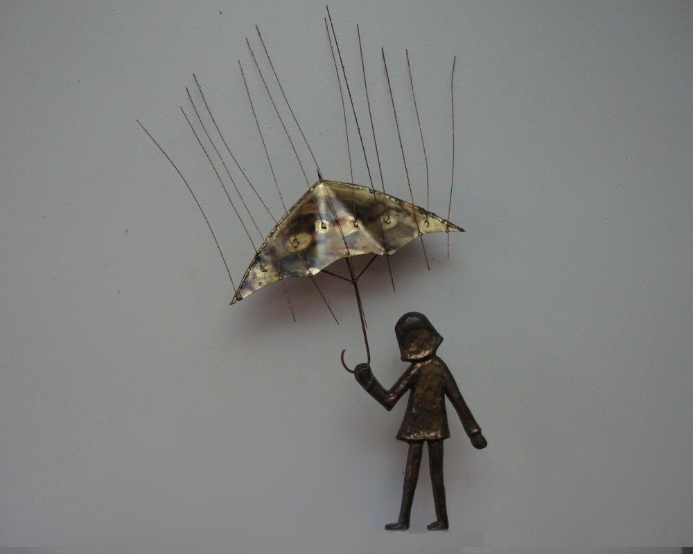 Bijan Metal Wall Sculpture Girl with Umbrella Vintage Mid Century Metal Arts Handsigned 60s Curtis Jere
