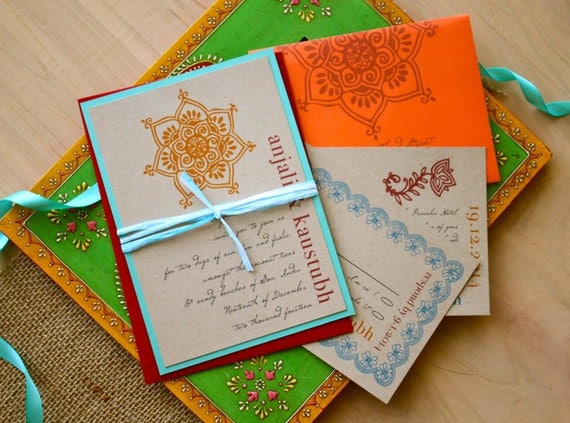 Henna Love - Modern Indian Wedding Invitations, Orange, Aqua & Red - Purchase to Start the Ordering Process  (As Seen on Style Me Pretty)