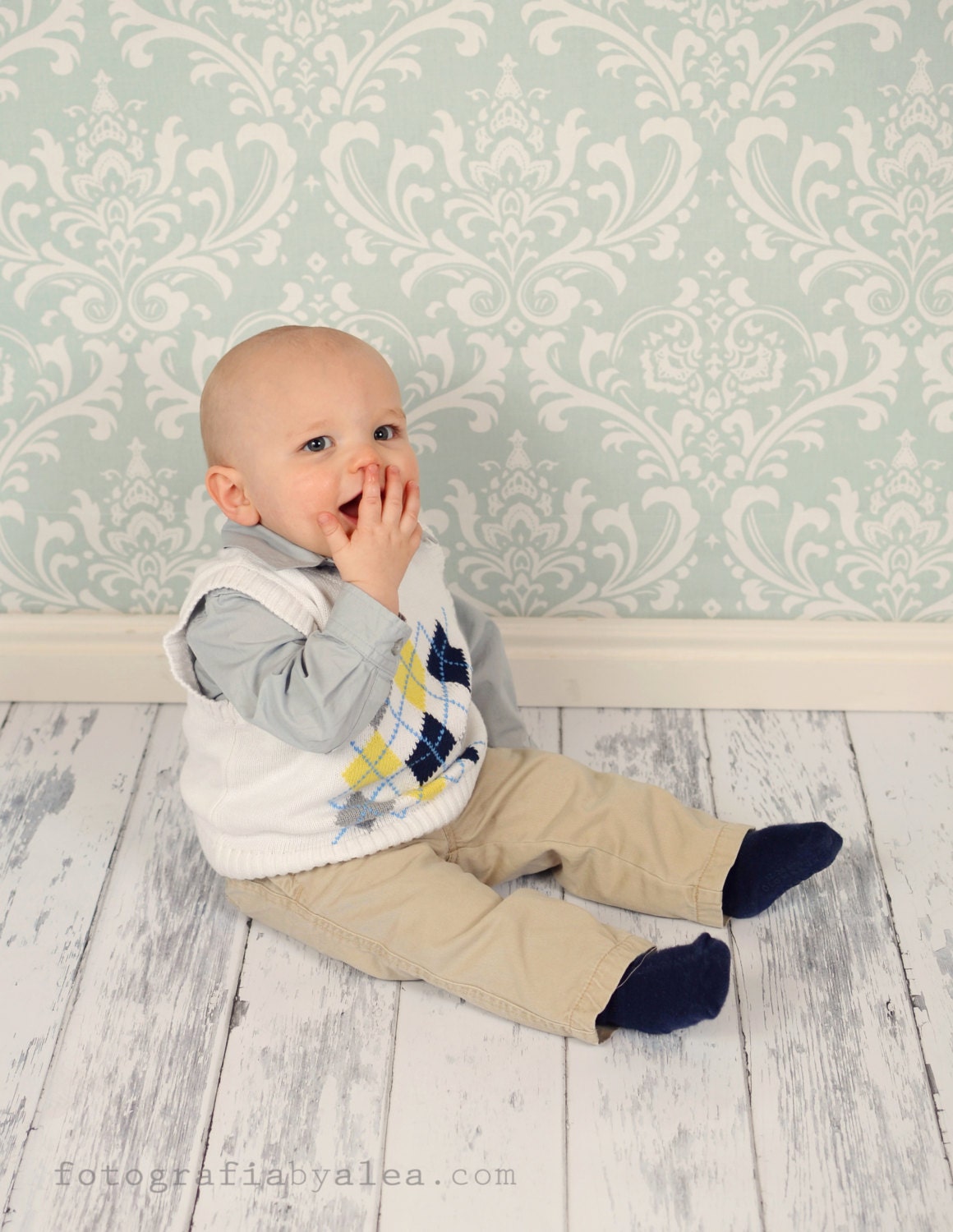 Photography Backdrop - Pale Blue & White Damask With Top and Bottom Rod Casings - 4.5'x 5.5' - READY TO SHIP