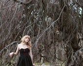 Black Taffeta Cocktail Dress with frog closures and deep burgundy lace trim One off