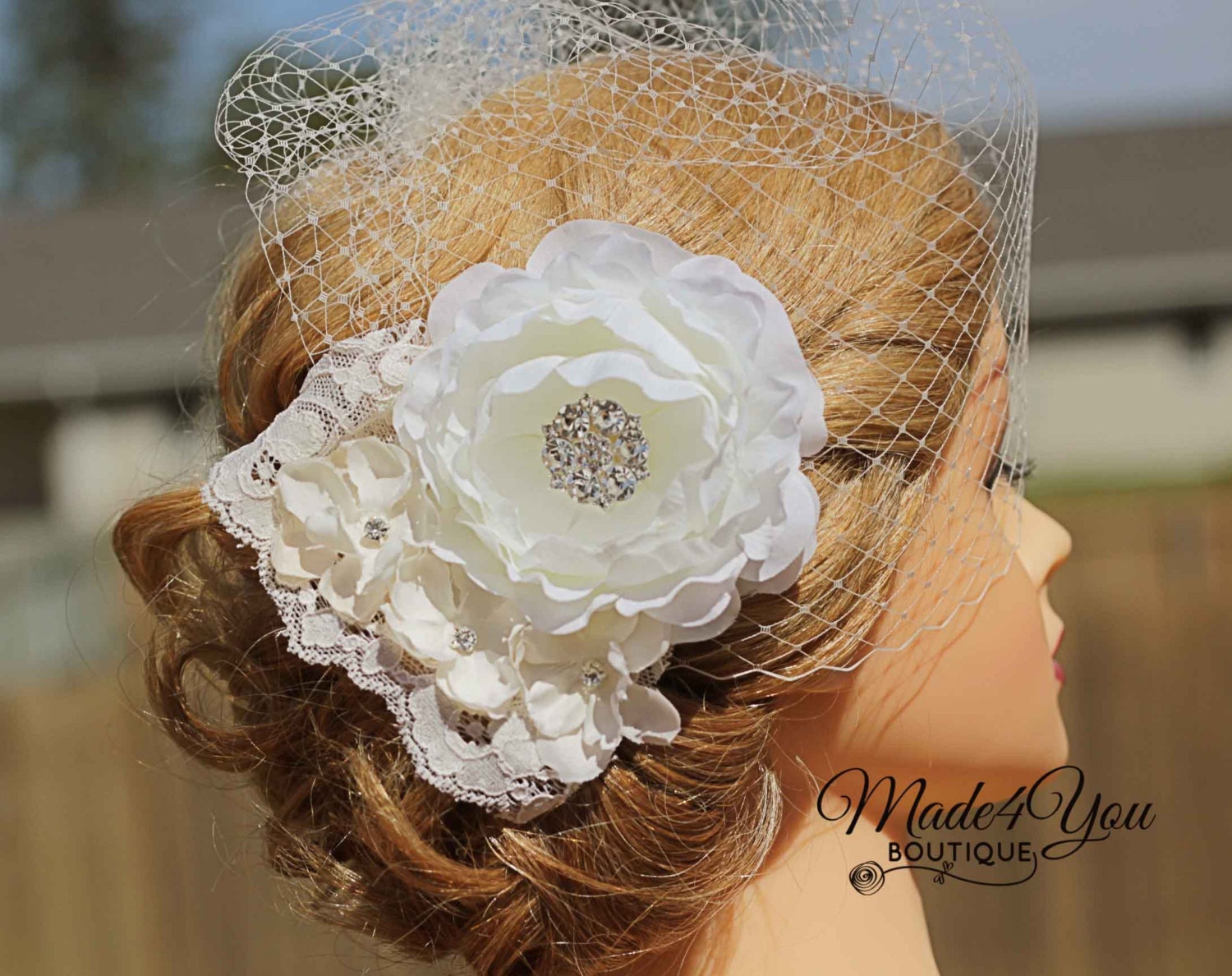 Flowers and Lace Birdcage Wedding Veil-Wedding Bridal Headpiece-Ivory or White Available