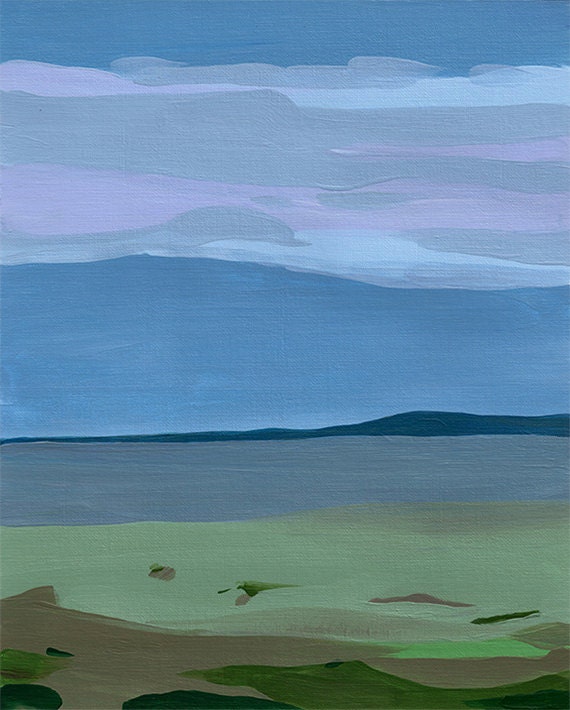 Rainy Morning in the Field - 8x10 Print of Original Acrylic Painting, blue and green, impressionist landscape, blue gray painting