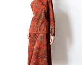 60s Boho Paisley Print Dress, Cheongsam Shirt & Skirt Set 2 Piece hippie office separates, psychedelic Mad Men beatnik outfit