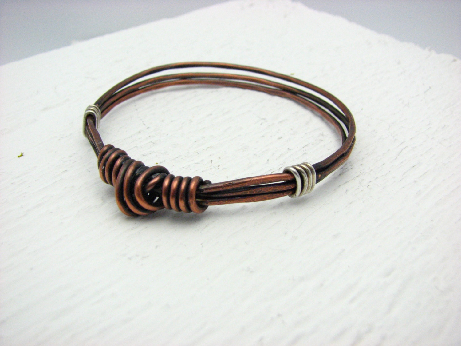 Hammered Copper Bangle Bracelet Rustic Wire Wrapped Jewelry Handmade Mixed Metal