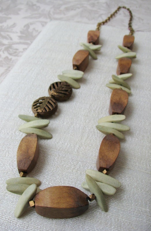 tribal wood necklace - unique shaped wood beads, oak colored wood, honeydew green wood, brass beads from Kenya, gold metal chain