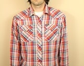 70s Red Plaid Snap Button Up Mens Western Shirt