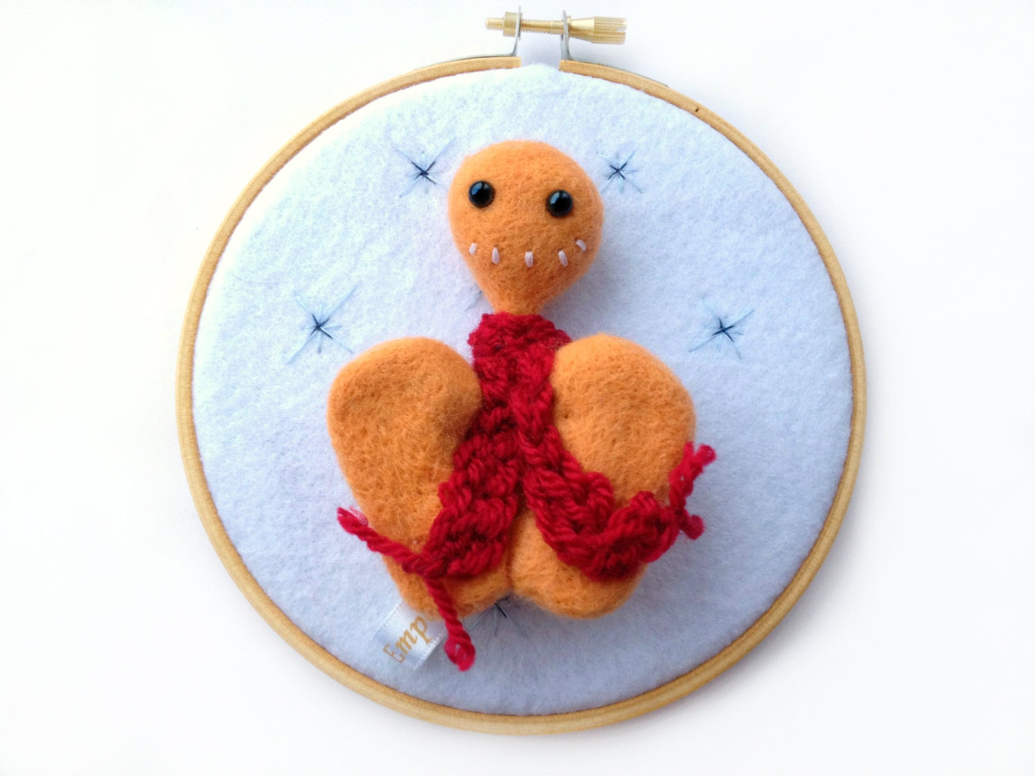The Snowy Pheeple and His Scarf - Embroidery Hoop Art Needle Felted Pheeple Wall Art Sculpture