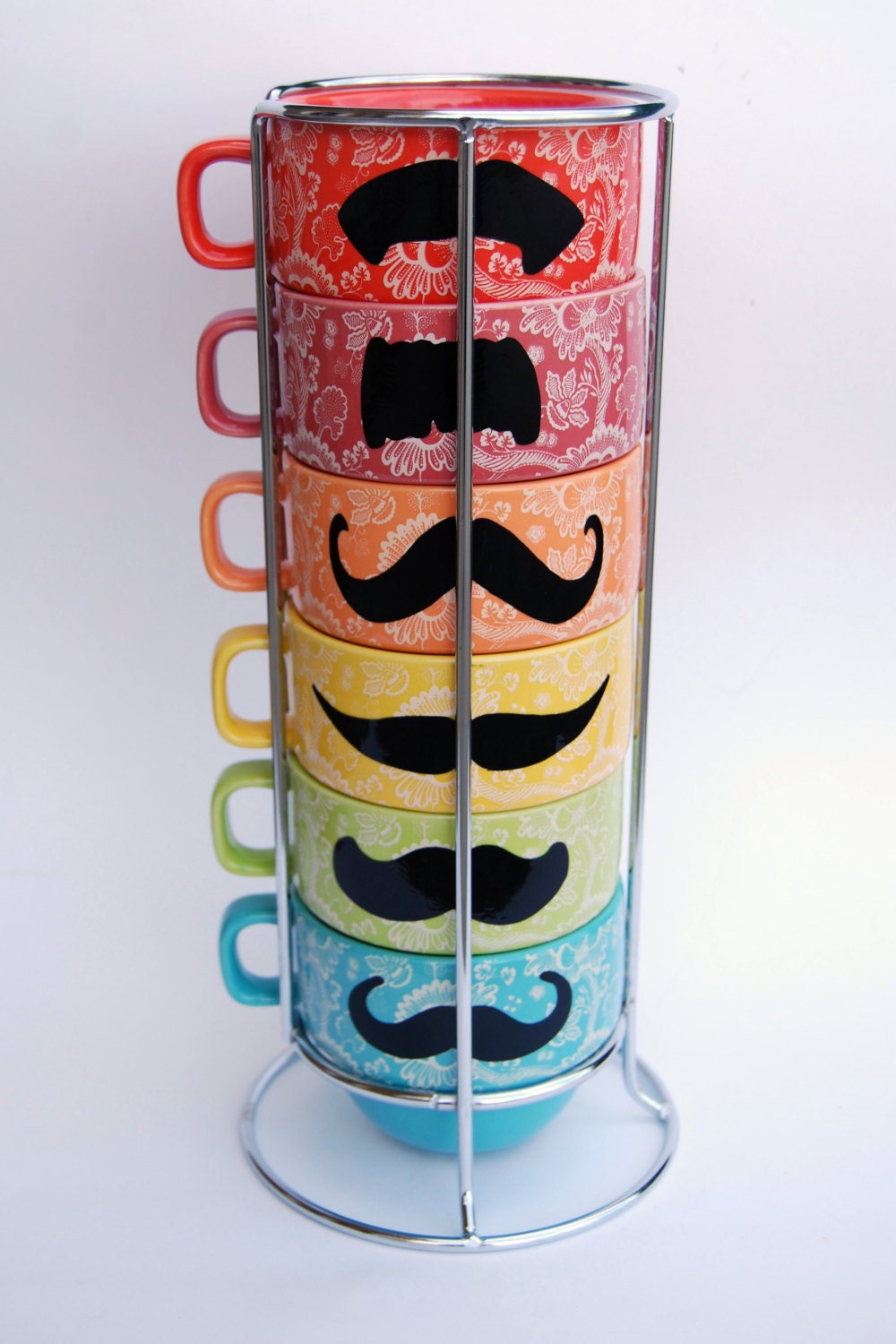 Pastel Design Multi Color Mustache Coffee Mugs Spring set - set of 6 stackable mugs and chrome holder