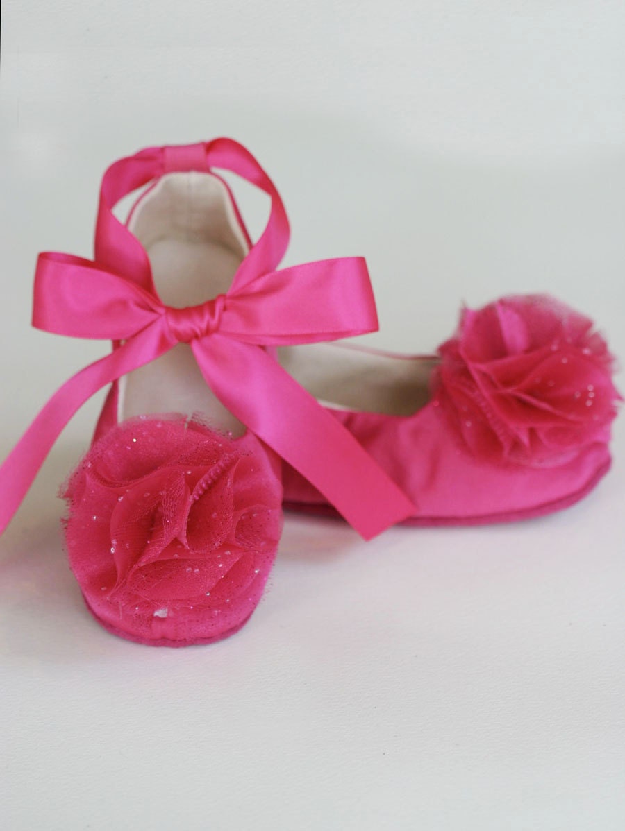 Flower Girl Ballet Flat - Fuchsia Satin Toddler Shoe - Couture Ballet Slipper -  14 colors - Satin and Tulle - Baby Souls Baby Shoes