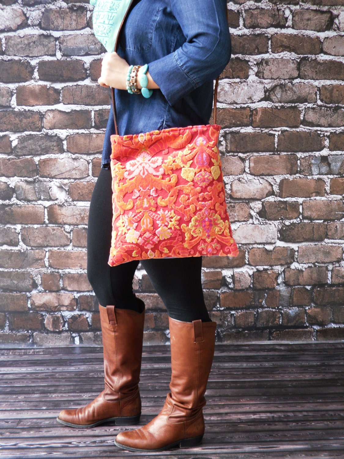 Vintage Jewel tone Cut Velvet Messenger with Leather Straps - "Soul Blossom"