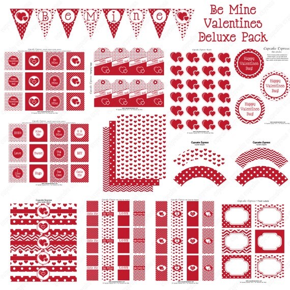 Sale 70% off INSTANT DOWNLOAD diy Be Mine Valentines Day Party PRINTABLE Deluxe Package Pink red grey hearts chevron- Cupcake Express Il_570xn