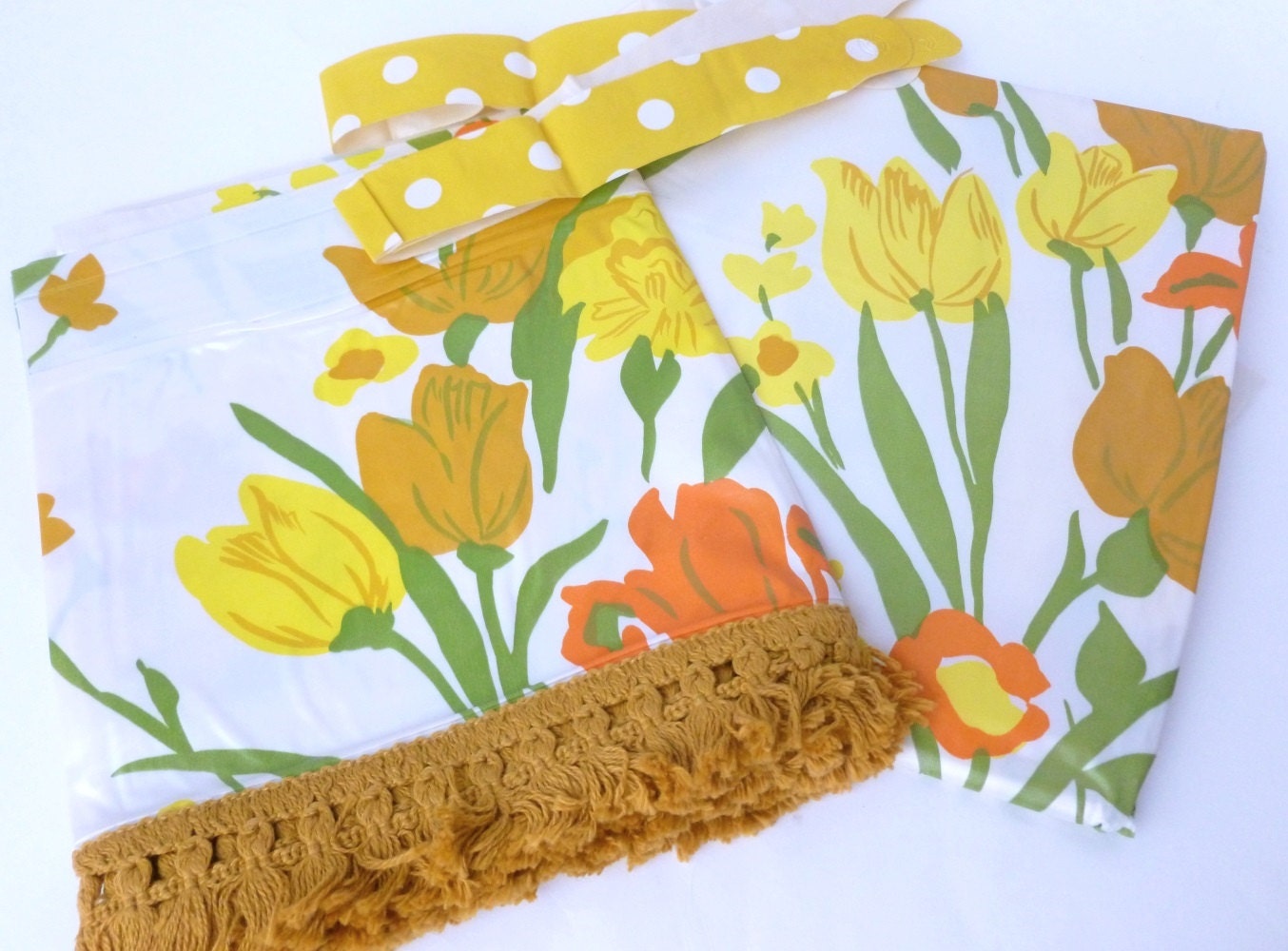 Vinyl Bathroom Curtains in Yellow, Gold, Orange and Green Tulips Unused Retro Bath Shower Decor Cafe Panels, Valance, Rings and Tiebacks