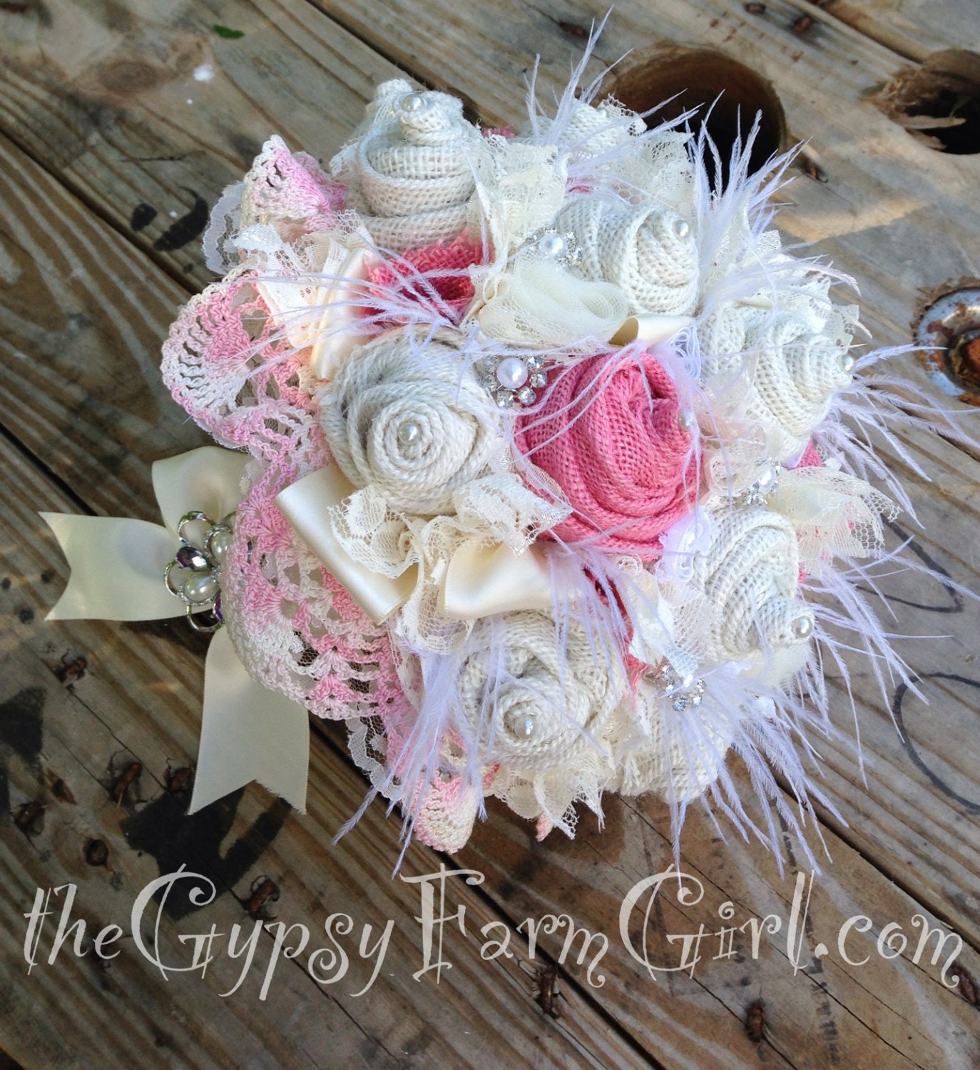 Ready to Ship Pink and Cream Burlap and Lace Bridal Bouquet with Doily, Brooch, Feathers, and Pearls