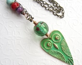 Verdigris owl necklace, bronze owl heart pendant, lampwork bead necklace, green bead necklace