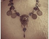 Fusion assemblage necklace, fuorite, hematite, vintage pearl, coins, tribal fusion style