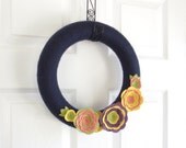 Summer Yarn Wreath. Navy Blue Door Wreath. Chartreuse, Coral, Ochre Yellow and Purple Felt Flowers. Yarn Wreath with Felt Flowers.