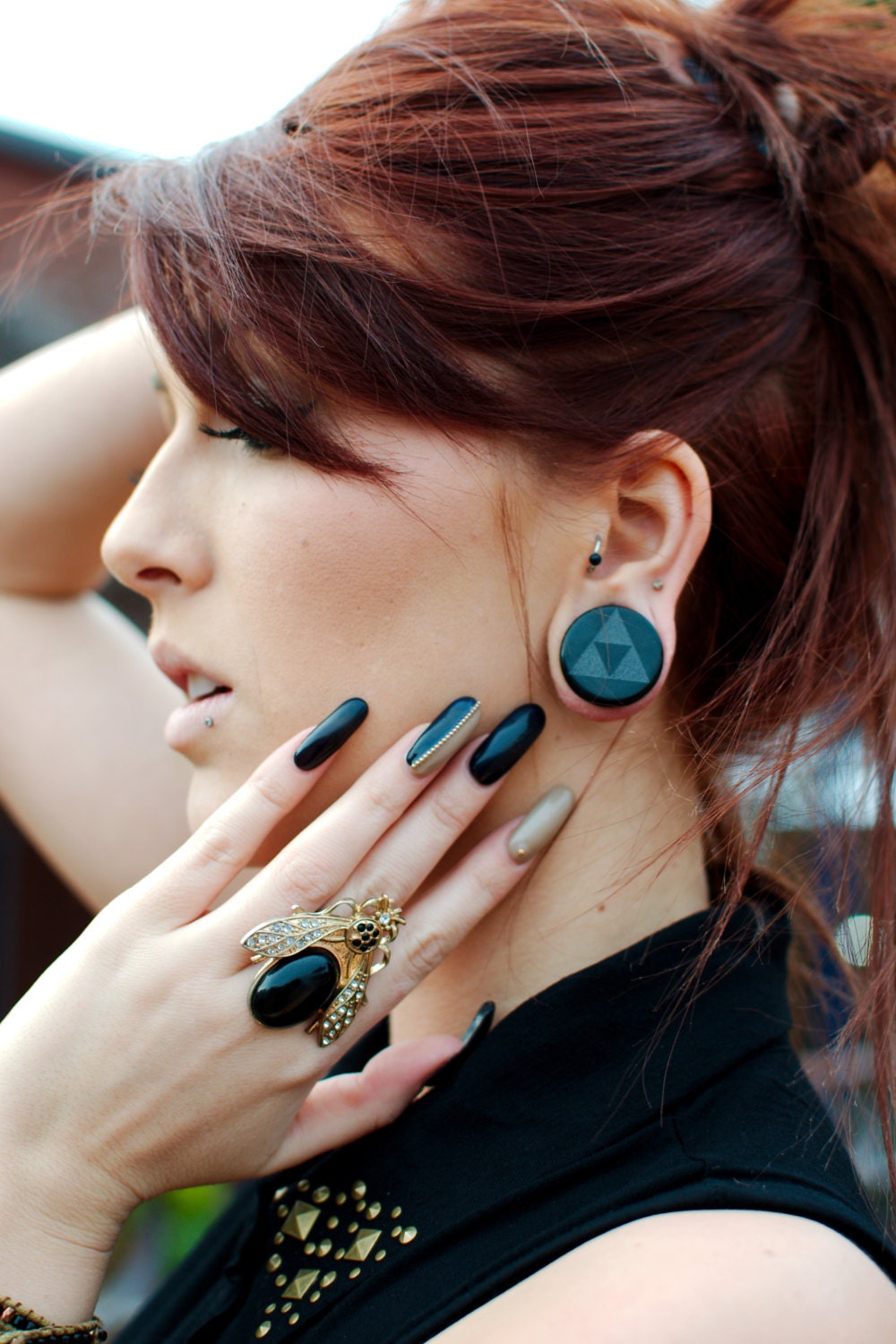 Tri Force Black Glass Plugs - 2g (6.5mm) 0g (8 mm) 00g (9mm) (10mm) 7/16" (11mm) 1/2" (13mm) 9/16" (14mm) 5/8" (16mm) Opaque Ear Gauges