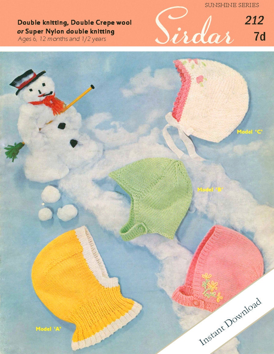 Instant Download Baby Infant Bonnet Hat Cap Helmet Vintage Knitting Pattern PDF eBook