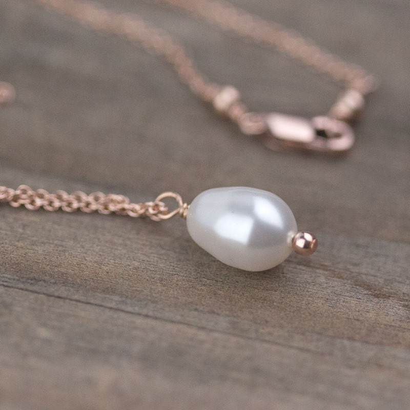 Rose Gold Pearl Necklace / White Pearl Drop Pendant Mother's Day Jewelry