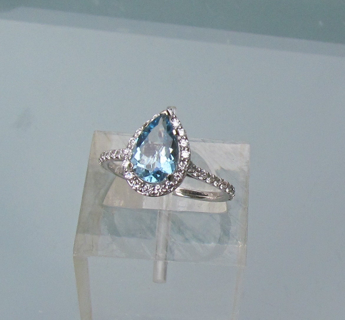 Aquamarine Engagement Ring in 14k Gold Diamond Pear Shape Halo March  Birthstone Gemstone Jewelry