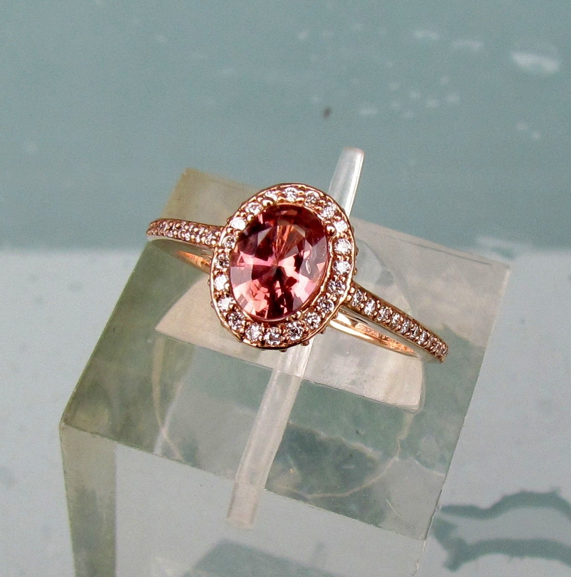 14k Rose Gold Peach Sapphire Diamond Halo Engagement Ring Morganite Alternative Gemstone Engagement Ring