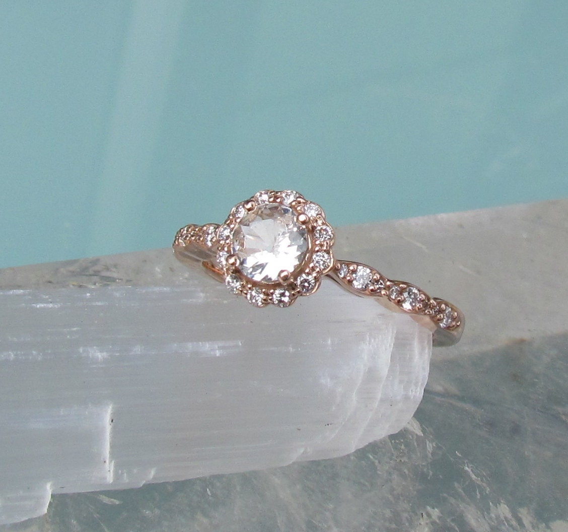 14k Rose Gold White Sapphire Diamond Halo Engagement Ring or Wedding Anniversary Ring