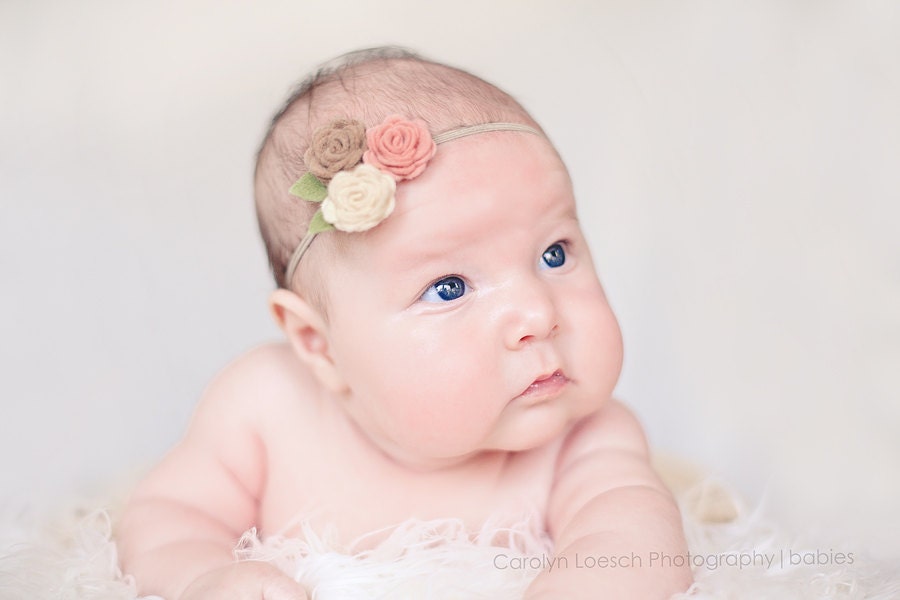 Wool Felt Flower Headband - Rose Bouquet  in Vintage Pink, Taupe and Cream  - Newborn Baby to Adult