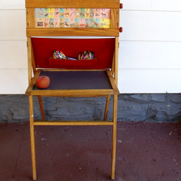Vintage Wooden Artisan Folding Easel - Mid Century Colorful Childs Desk - Rustic MultiPurpose Sandwich Chalk Board