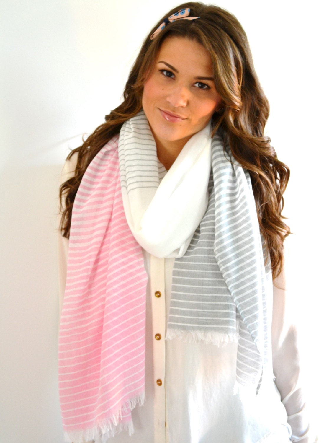 PINK & WHITE Nautical Stripes Sailor Boating Unisex Cotton Scarf Shawl Wrap Wide Gift Idea Womens Accessories
