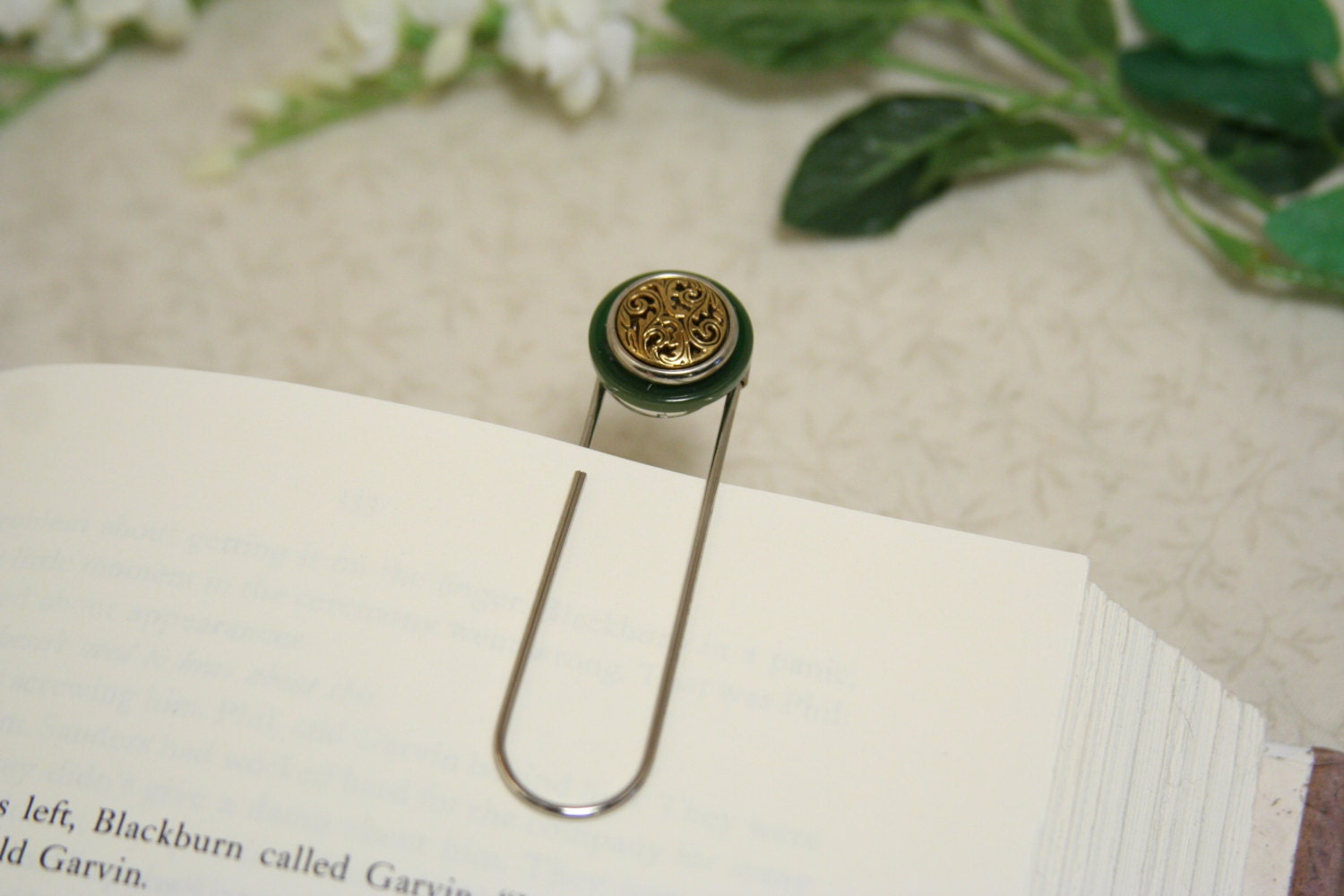 Green Bookmark Clip - Button Bookmark - Made with green and gold buttons