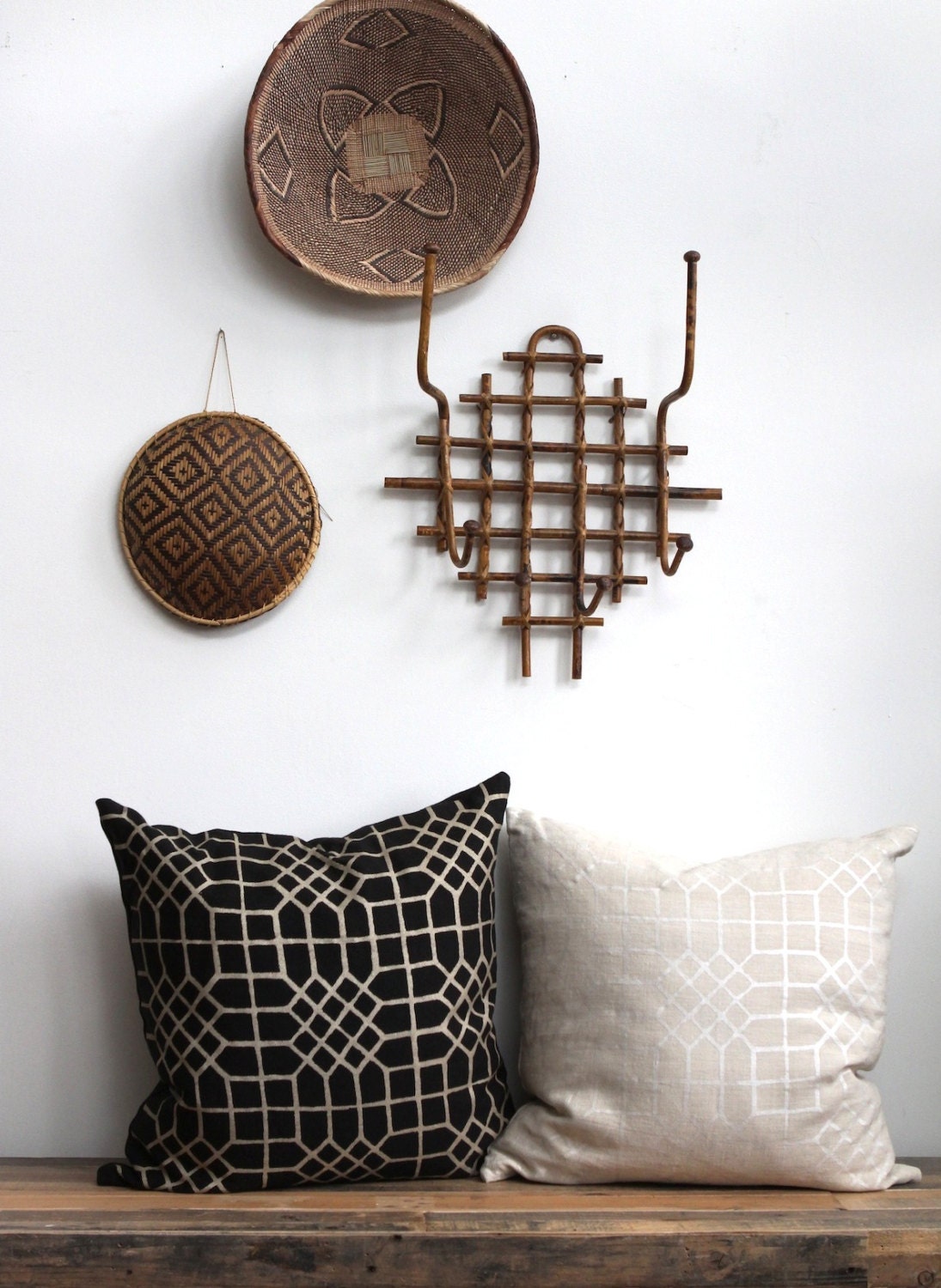 Penn Grid in metallic champagne hand printed on black organic hemp pillow cover 22x22