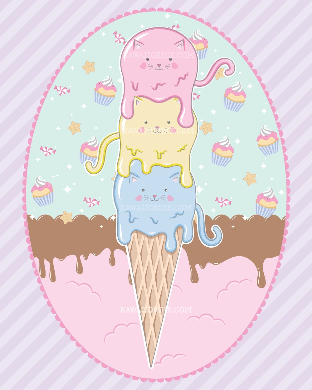 kittens, ice cream, ice cream cone, ice cream shop, cats, pastels, art print