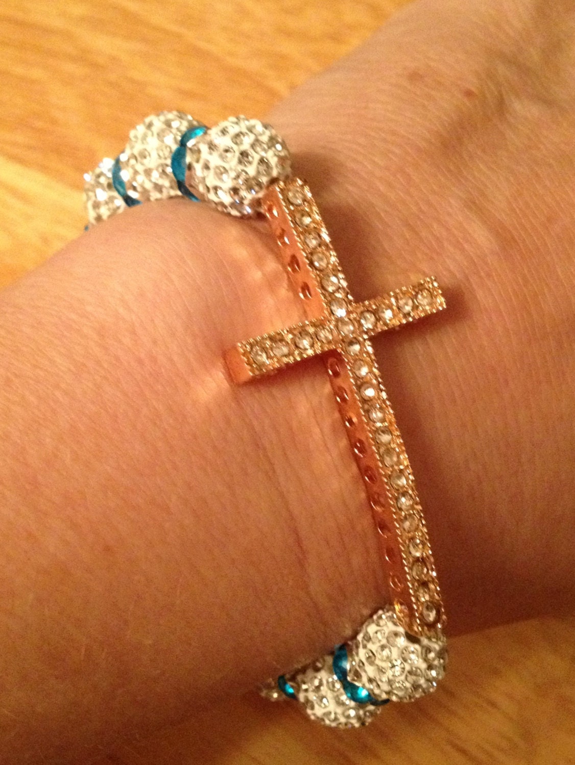 Shambella Rose Gold Cross Crystal Paver Bracelet with Blue spacers