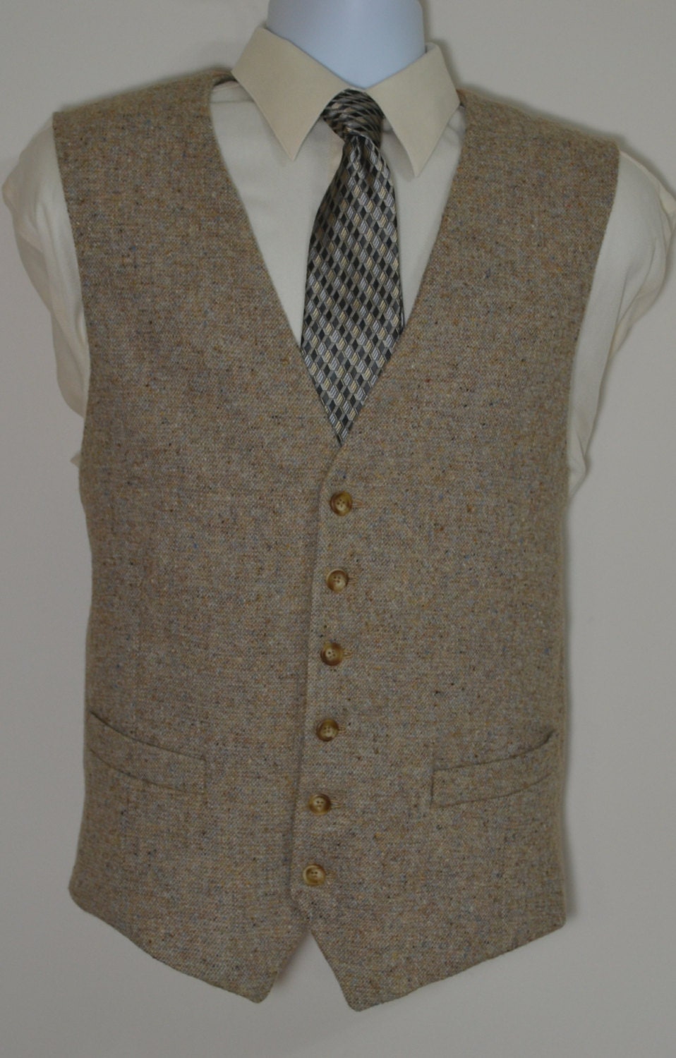 Mens Vest, in wool tweed, fully lined, AC Ashworth & Company formal wear, custom fit, two functional welt pockets, handmade in USA