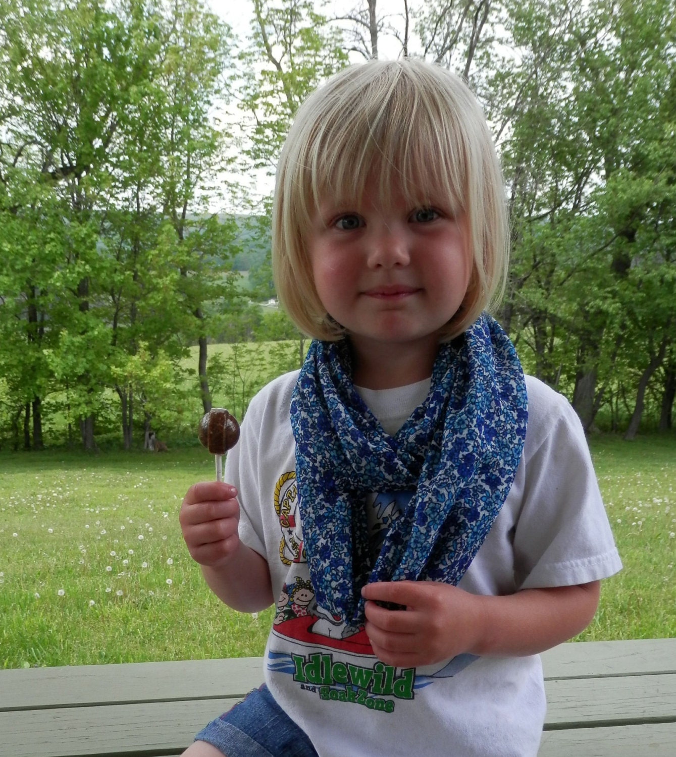Knit Infinity Scarf  Blue Turquoise White Forget-Me-Not Flowers Handmade Fashion for Girls and Women