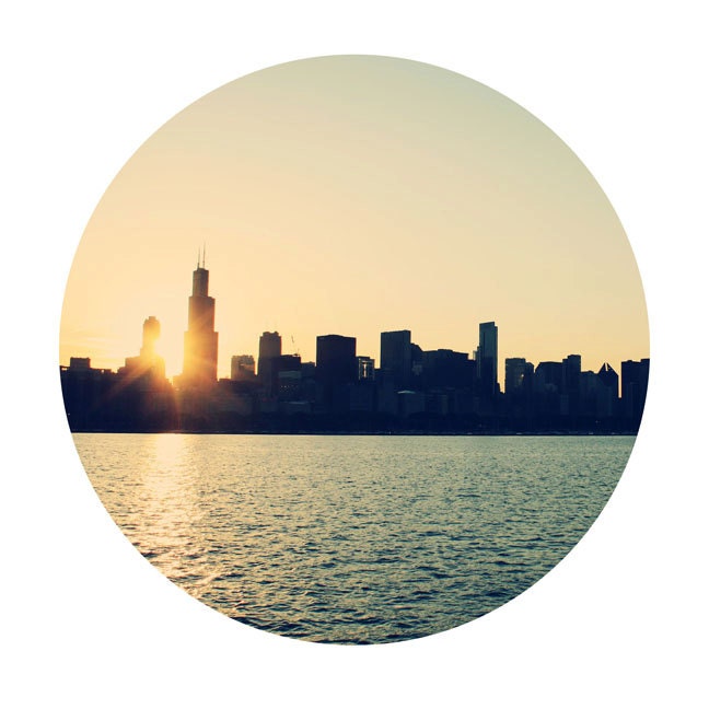 Cityscape Photography - Circle Print - Circular Photo  - Chicago Skyline Urban Art Sunset Photo - 8x8 Fine Art Photograph