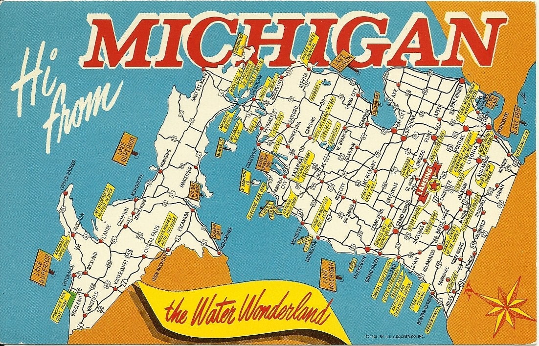 Vintage Postcard Hi from Michigan the Water Wonderland -  Map - 1960s