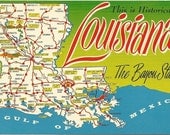 Vintage Postcard This is Historical Louisiana The Bayou State -  Map - 1960s