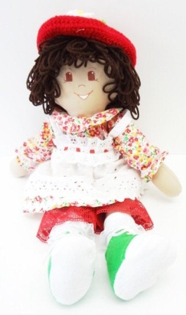 brown  curly hair flowered hat handmade rag doll folk art toy ragdoll brown eyes NF189