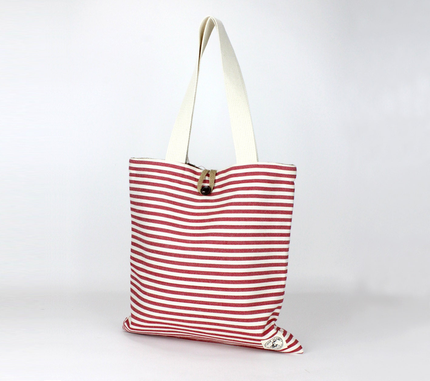 Reversible  Burlap Tote Bag - Red Stripes & Natural Burlap