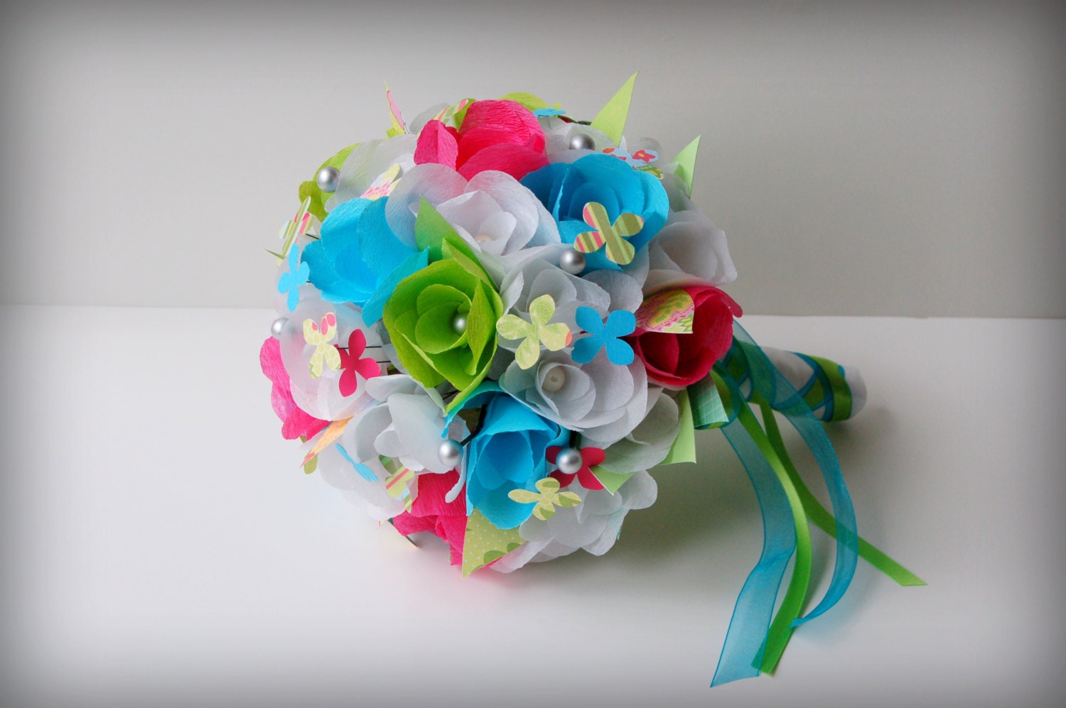 Wedding Bridal Paper Flower Bouquet - Pink Blue and Green