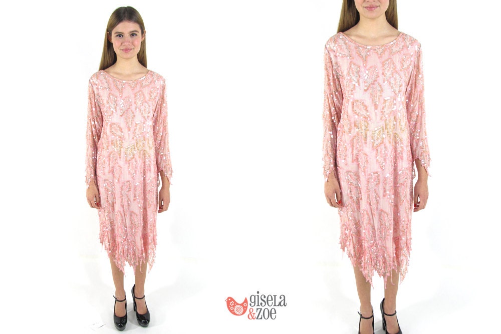 Vintage 1970s does the 1920s Beaded Silk Sparkle Dress / Beaded Dress / Silk Dress: sm / md