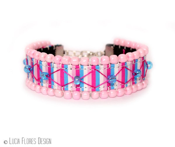 Bohemian Hippie friendship bracelet beaded embroidered with pink Preciosa glass beads Boho chic by LuciaFloresDesign