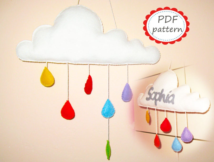 PDF PATTERN: Cloud Mobile with raindrops - DIY - Felt room decor sewing Pattern - Personalized wall hanging tutorial - White Rainbow