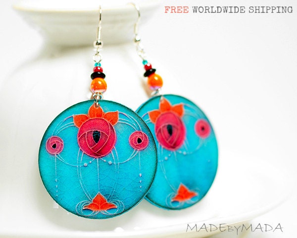 Rose Art Nouveau Dangle Earrings Fuchsia Orange Blue Free Shipping Round decoupage earrings ,  gift for her under 25
