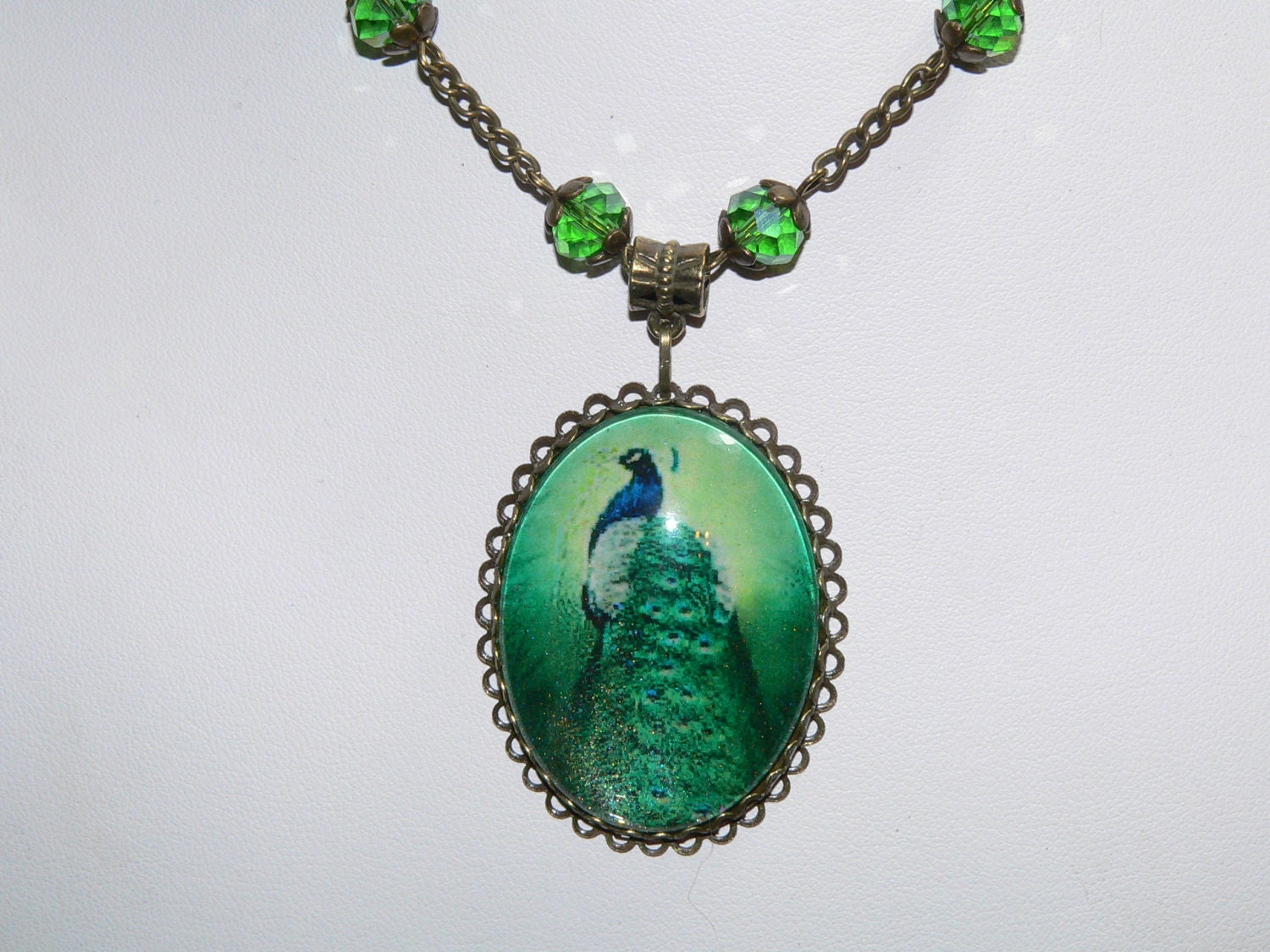 Peacock Cameo Necklace Glass Cabochon Cameo with Antique Brass