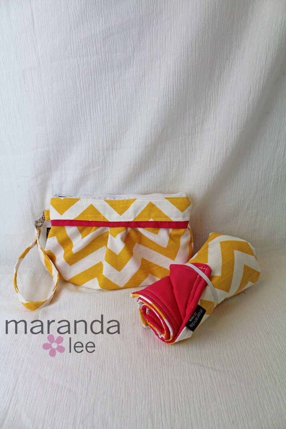 Chevron Zippered Clutch and Changing Pad set - Yellow Chevron and Hot Pink Medium Coco Clutch with detachable strap -  Bridesmaid Gift
