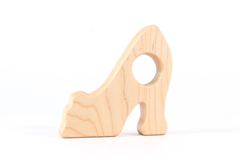 high heel natural wood teether - a handmade, eco-friendly wooden toy to welcome newborn girl, mod toy for mod baby