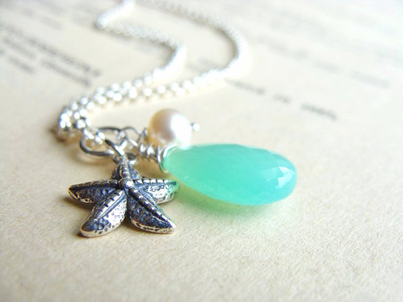 Beach Necklace Starfish Necklace Mint Green Chrysoprase Aqua Green Gemstone Sterling Silver MERMAID COVE earrings